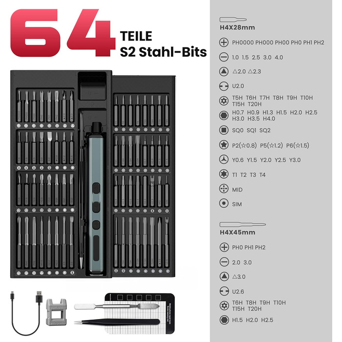 Електрична викрутка KAIWEETS, набір електричних викруток 70 в 1 з магнітним наконечником 64 S2, максимальна швидкість обертання викрутки 200 об/хв, підходить для телефону/ноутбука/годинника/камери