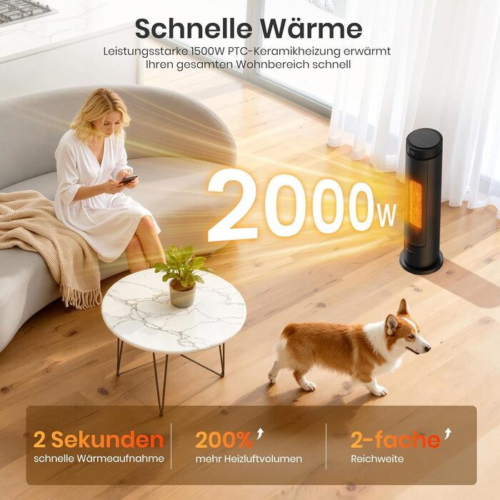 Енергозберігаючий вентилятор-обігрівач, керамічний вентилятор-обігрівач PTC потужністю 2000 Вт, тиха робота 36 дБ, термостат, коливання 70, таймер 12 годин, захист від перегріву та перекидання, електричний обігрівач для використання в приміщенні, 60 см, ч