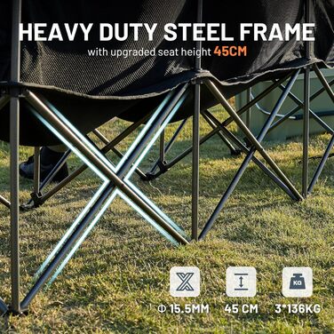 Складаний кемпінговий стілець TIMBER RIDGE для 2 осіб, велика ширина 160 см, диван XXL для кемпінгу, вантажопідйомність 320 кг, складний стілець для 2-місного кемпінгу з великими боковими кишенями, висока спинка для саду на свіжому повітрі, балкон, викори