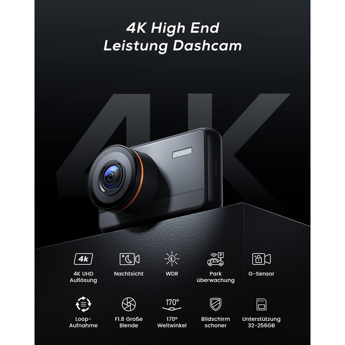 Відеореєстратор передній, 2160P автомобільна камера з картою пам'яті 32GB, нічний відеореєстратор з циклічним записом, G-сенсорне