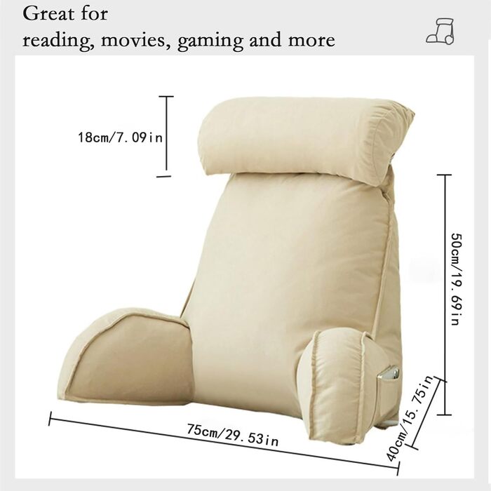 Ергономічна подушка для ліжка, подушка для спини, надзвичайно велика подушка для читання з підлокітниками та знімною опорою для шиї, подушка для читання для ліжка та дивана, подушка для відпочинку на ліжку для гри, читання, перегляду телевізора, 75 см x 4