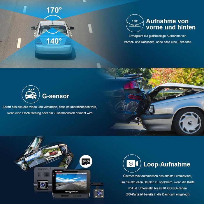 Відеореєстратор автомобільний передній задній з 64GB SD картою, 4.3-дюймовий IPS екран автомобільної камери 1080P FHD відеореєстра