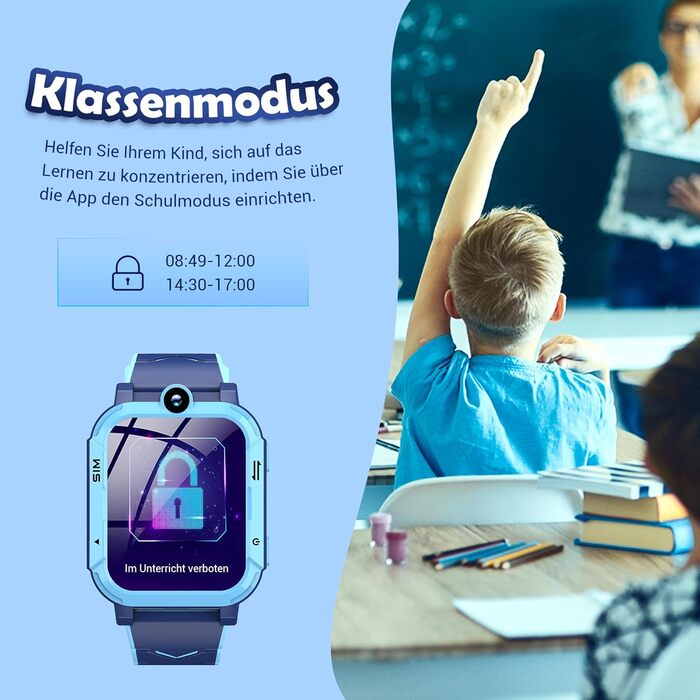Розумний годинник Blackview Kids, слот для SIM-картки, LBSWiFiGPS-трекер, функція 4G, екстрений виклик SOS, телефонні дзвінки, відеодзвінки, голосовий чат, SMS, шкільний режим, дитячий годинник для хлопчиків та дівчаток, 4G - Прусський синій