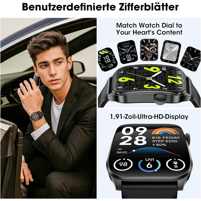 Розумний годинник для чоловіків та жінок, вигнутий HD-дисплей 1,91 дюйма, розумний годинник із Bluetooth-дзвінками, понад 100 спортивних режимів, фітнес-годинник із монітором серцевого ритму/сну/крокоміром, водонепроникний спортивний годинник IP67 для And