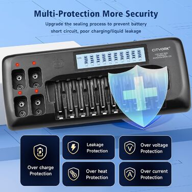 Зарядний пристрій CITYORK з 104 слотами та РК-дисплеєм для акумуляторних батарей 1,2 В AA/AAA Ni-MH та акумуляторних батарей 9 В Ni-MH/Li-ion з вбудованим захистом IC