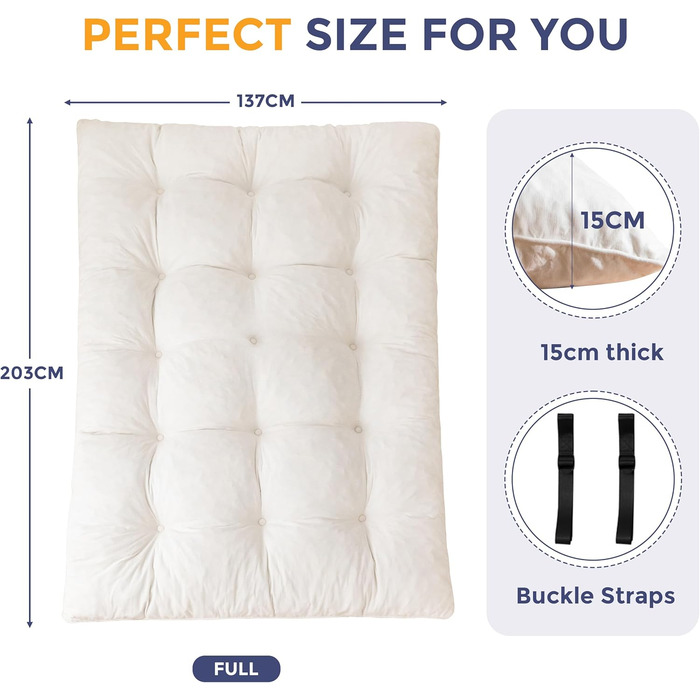 Матрац MAXYOYO футон, тканина шенил, товщина 15 см, може використовуватися як диван-ліжко, виготовлений на ґудзиках, складний гостьовий матрац для вітальні/спальні, кремовий, 135 x 200 см