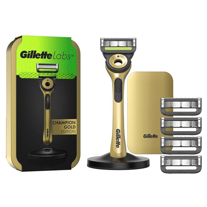 Волога бритва Gillette Labs Champion Gold Edition для чоловіків, бритва з очисним елементом 5 змінних лез, подарунок для чоловіків, преміальна магнітна док-станція та дорожній кейс Champion Gold Razor 5 лез