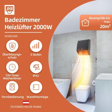 Вентиляторний обігрівач для ванної кімнати SHX 2000 Вт Термостат з пультом дистанційного керування Водонепроникний Безпечний для використання у ванній кімнаті, чорний