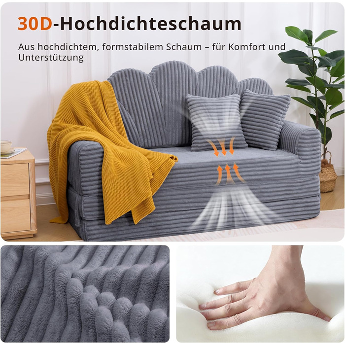 Місний розкладний диван IRONCK з функцією сну, диван-ліжко без кісток з вельвету та піни, диван-ліжко 153x267 см, розкладний диван-ліжко, 2 подушки та бічні кишені, диван-ліжко для вітальні-спальні, сірий темно-сірий, 2-