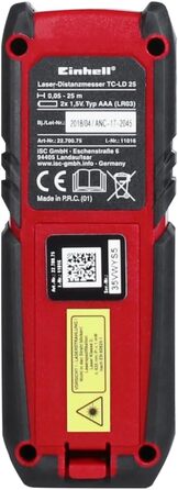 Лазерний далекомір Einhell TC-LD 25 (до 25 м, вибір базової точки вимірювання, безперервний режим, автовимкнення, функція безпеки, з чохлом)
