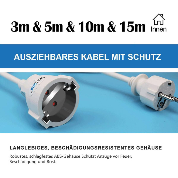 Подовжувач ExtraStar зі штекером для захисту дітей, пластиковий кабель 15 м 3G1,5 мм2 IP20 для приміщень, 16 А/250 В, 3680 Вт, білий 15 м білий