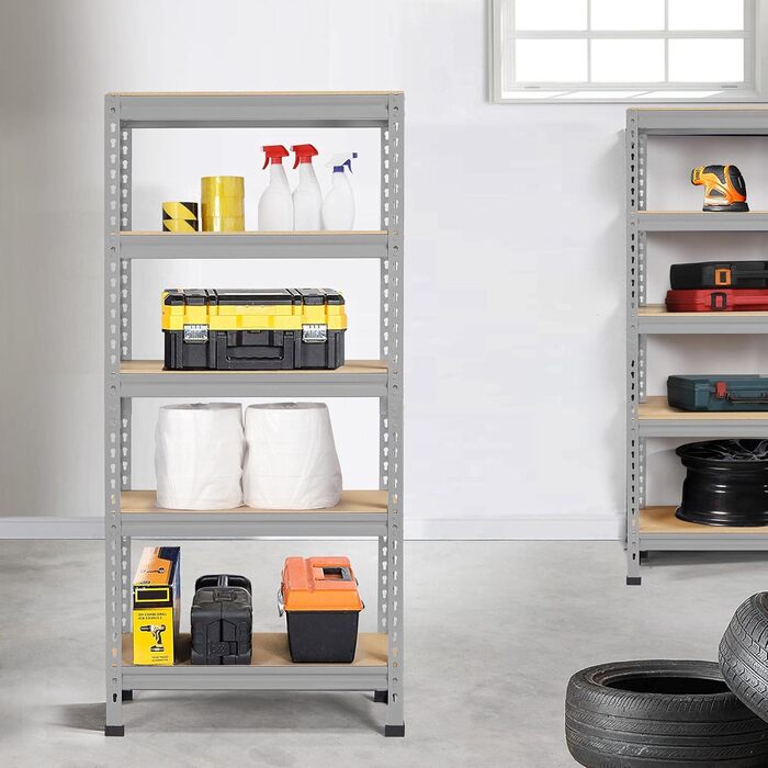 Кутовий стелаж Yaheetech з 5 полицями, металеві стелажі для зберігання, надміцний стелаж, вантажопідйомність 750 кг, підвальний стелаж, безболтовий стелаж, система стелажів, 70 x 30 x 150 см/світло-сірий