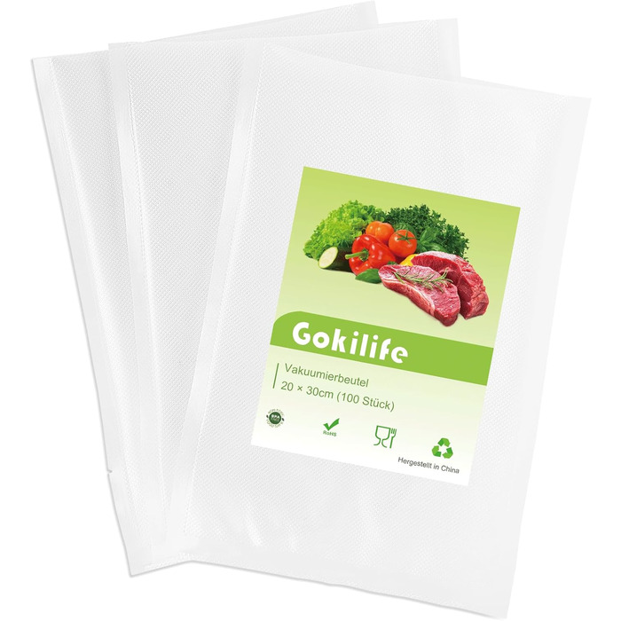 Вакуумний пакувальник Gokilife - 100 пакетів 20x30 см зі стійкістю до розриву приблизно 450 мкм, вакуумна плівка для всіх вакуумних пакувальників і вакууматорів харчових продуктів, професійні пакети з фольги без BPA, кип'яткостійкі та пакети для заморожув