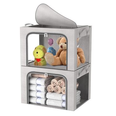 Коробка для зберігання одягу з 2 предметів, складна коробка для зберігання одягу з металевим каркасом та 3 віконцями, сумка для зберігання ковдр, пледів та одягу, сіра (24 л) 2 предмети - сірий - 24 л