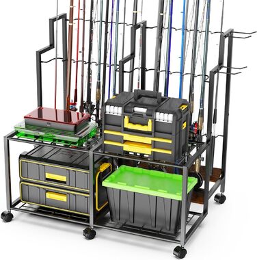 Тримач для вудок для гаража з котушками Місткість 24 вудки місце для зберігання рибальських аксесуарів Підставка для вудок для гаража, човна та дому Ідеально підходить для рибалок та рибальських груп (великий)