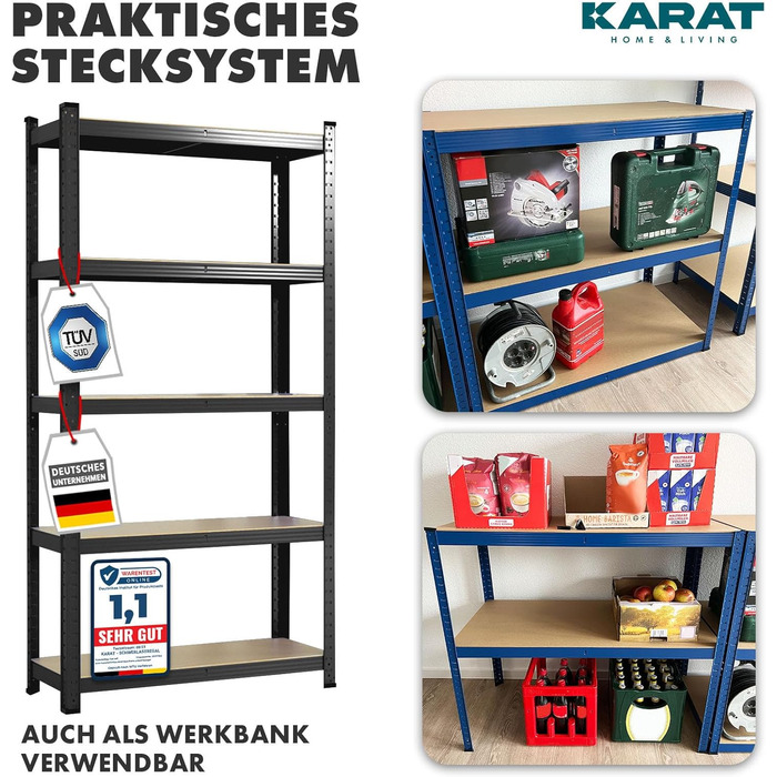 Потужний стелаж KARAT, комплект з 2 шт., 180 x 90 x 40 см, безболтовий стелаж, підвальний стелаж, стелаж для зберігання - 5 регульованих полиць (чорний) 40 x 90 x 180 см Чорний