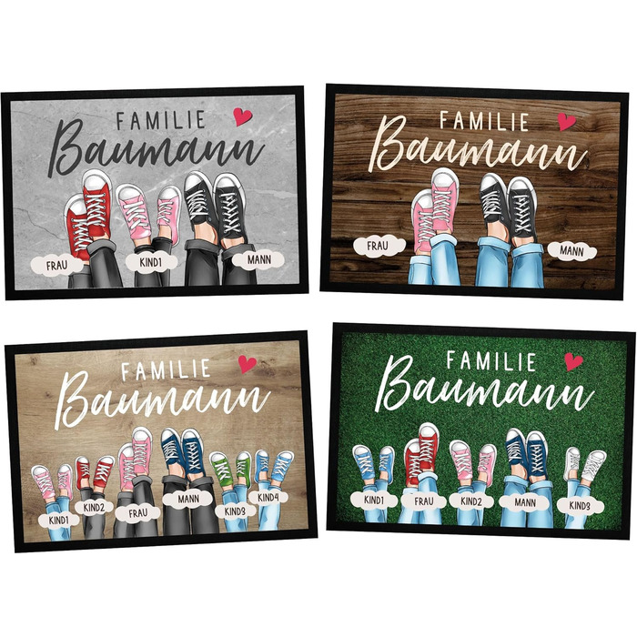 Персоналізований сімейний килимок для дверей до 4 дітей, принт на кросівках, кольори, що налаштовуються, нековзний та миється, чорний, 60x40 см, сімейне взуття, чорний