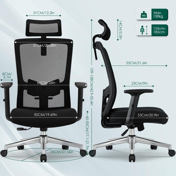 Ергономічне офісне крісло, ергономічне офісне крісло з регульованою поперековою опорою, підлокітниками та підголівником, обертове офісне крісло 150 кг, крісло для керівника з функцією гойдання до 135, чорне, варіант 1