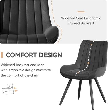 Сучасний м&39який обідній стілець - Надзвичайно товста подушка сидіння, обідні стільці зі штучної тканини, кухонні стільці, м&39які стільці, стільці для вітальні, крісла зі спинкою, металеві ніжки (Чорний, Комплект з 2 шт.) Комплект з 2 чорних