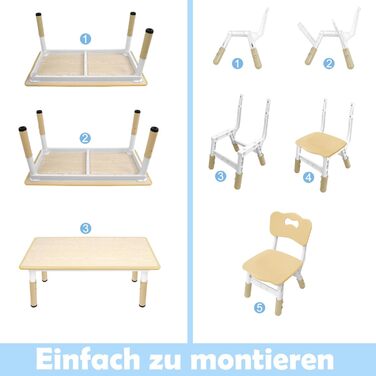 Дитячий стіл UISEBRT з 4 стільцями, Дитячий комплект сидіння з регульованою висотою для дітей від 2 років, Пластиковий комплект столів, Дитячі меблі для дитячого садка та дитячої кімнати (Колір дерева, 120 x 60 x 60 см) 120 x 60 x 60 см Колір дерева