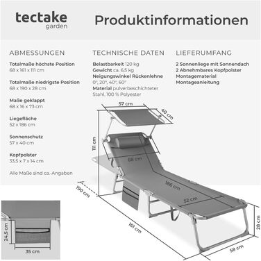 Комплект із 2 складних та портативних шезлонгів, шезлонгів з боковими кишенями, пляжних шезлонгів, садових шезлонгів з навісом, шезлонгів з регульованою спинкою та підголівником - для балкону та тераси (сірий)