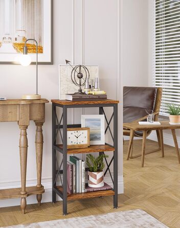 Книжкова полиця YMYNY, окремостояча полиця з 3 полицями, міцна X-подібна рама, регульовані ніжки, легке складання, 402975 см, для вітальні, спальні, кухні, кабінету, ванної кімнати, рустикальний коричневий HST008H