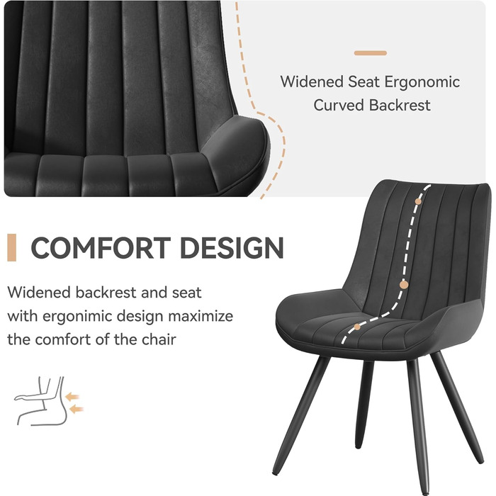 Сучасний м&39який обідній стілець - Надзвичайно товста подушка сидіння, обідні стільці зі штучної тканини, кухонні стільці, м&39які стільці, стільці для вітальні, крісла зі спинкою, металеві ніжки (Чорний, Комплект з 2 шт.) Комплект з 2 чорних