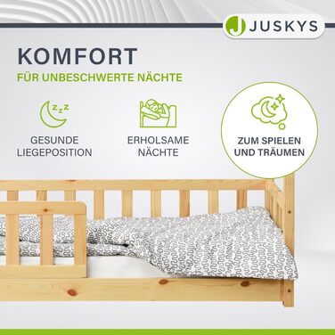 Дитяче ліжко Juskys Marli 90 x 200 см із захистом від падіння, рейковою основою та дахом - Ліжко-будиночок з масиву дерева для дітей - Ліжко натурального коричневого кольору