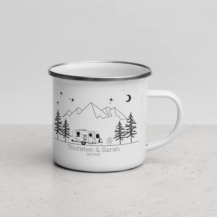 Емальована кружка, ретро-стиль, кемпінговий посуд для каравану/кемперу, персоналізована кемпінгова кружка з назвою, кавова кружка, аксесуар для автофургона/кемперу, кружка з нержавіючої сталі, подарунок для кемперів