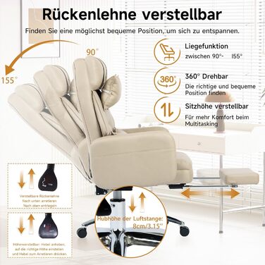 Поворотне ігрове крісло з підставкою для ніг - Функція відкидання 155 Крісло керівника - Ергономічне офісне крісло 150 кг - Технологічне шкіряне комп&39ютерне крісло Крісло для столу (БЕЖЕВИЙ)