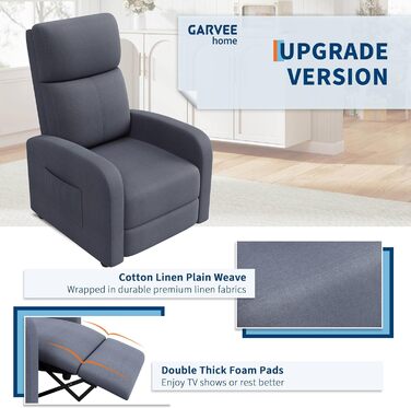 Крісло для відпочинку GarveeHome, крісло для телевізора, реклайнер, крісло для відпочинку з функцією відкидання, м&39яке крісло, лляне, регульоване, одномісне реклайнер, вітальня, спальня, домашній кінотеатр (сірий2)