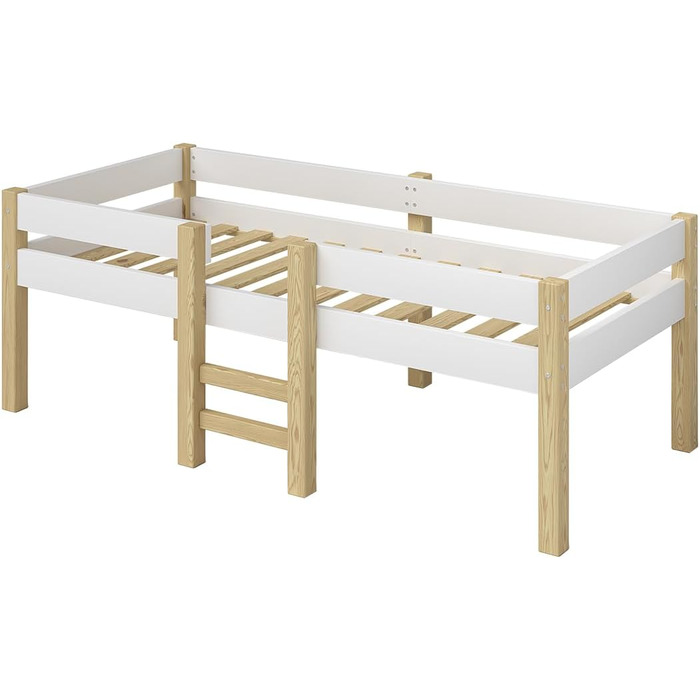 Дитяче ліжко Bellabino Aspy 90x200 см Двоярусне ліжко з поручнями та рейковою основою Ліжко середнього класу з драбиною з масиву сосни білого/натурального кольору Дитяче ліжко для хлопчиків та дівчаток без матраца білого кольору - Без шухляд