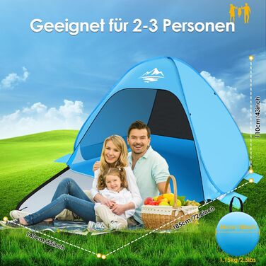 Розкладний пляжний намет для 2-3 осіб, автоматичний пляжний кемпінговий намет, захист UV50, портативний надлегкий пляжний намет для сімей, пляжний кемпінг, садовий з сумкою для перенесення, небесно-блакитний