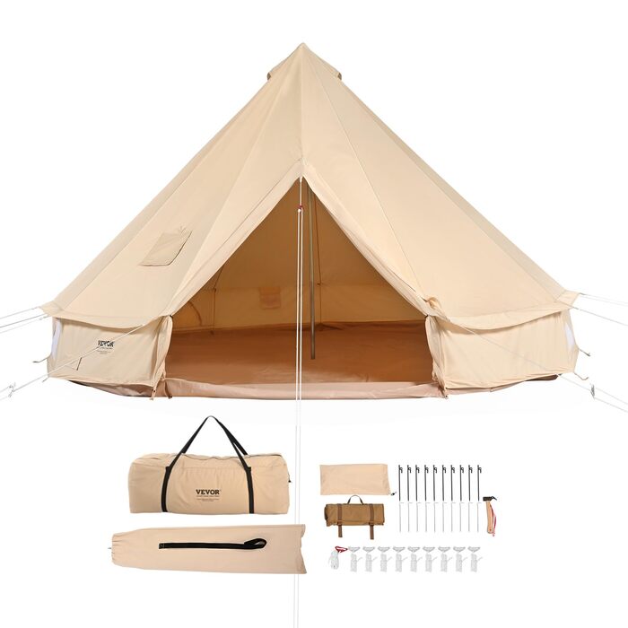 Намет VEVOR Bell Tent 3 x 2 м, юрта, бавовна з термостійкого матеріалу та міцні залізні стійки з ПВХ підлогою, сімейний намет на 8 вікон, груповий намет для пригод на свіжому повітрі