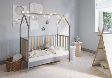 Дитяче ліжко-ліжко-будиночок FabiMax, 70x140 см, виготовлене з сосни, сірого кольору/натурального лаку (Надувний матрац)