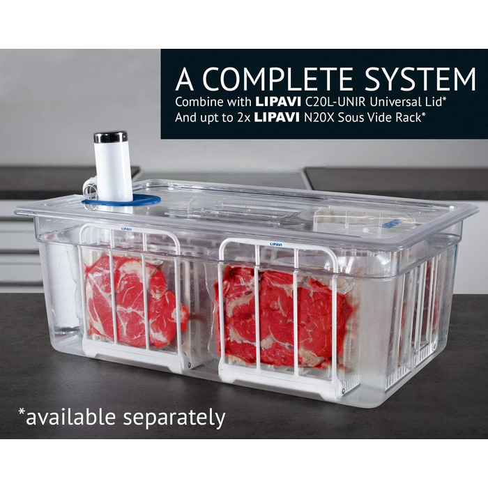 Контейнер LIPAVI C20 sous-vide - 25 літрів, 53,3 х 32,5 х В20,3 см. Міцний, прозорий полікарбонат. Відповідні кришки для Ano*a, Wancle та інших брендів продаються окремо. Підходить для рами L20