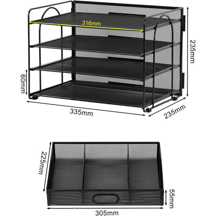 Металевий офісний органайзер EasyPAG з 4 відділеннями формату A4, тримач для документів, лоток для файлів, тримач для журналів, лоток для листів, органайзер для паперових журналів з шухлядою для канцелярського приладдя, чорний