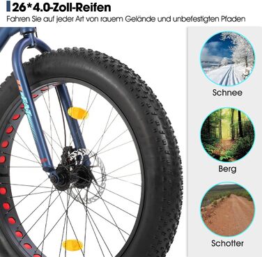Гірський велосипед Hiland Fat Tire 24/26 дюймів з подвійними дисковими гальмами, 7-швидкісний гірський велосипед для хлопчиків та дівчаток, пляжний та сніговий велосипед, синій/зелений/білий/сріблясто-синій 26 дюймів