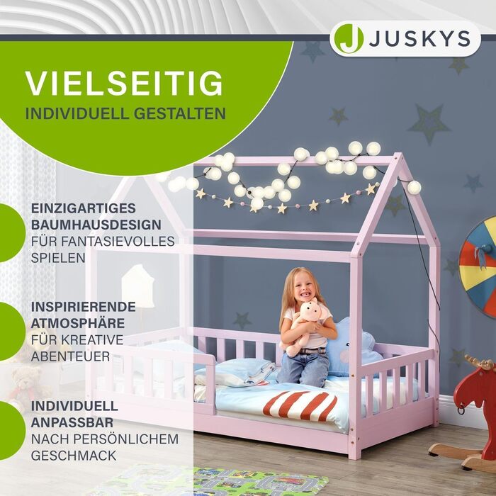 Дитяче ліжко Juskys Marli 80 x 160 см з матрацом, захисними поручнями, рейковою основою та дахом - Ліжко-будиночок з масиву дерева для дітей - Ліжко рожевого кольору