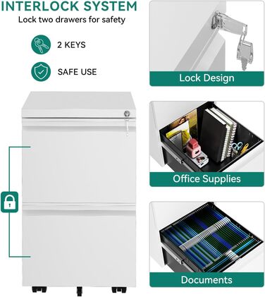 Шафа для файлів на колесах із 2 шухлядами, що замикаються, мобільна шафа для документів на колесах для формату A4, Legal, Letter, металева офісна шафа для домашнього офісу, підвісна система файлів, біла, 51 x 39 x 71 см