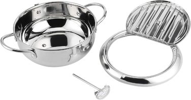 Горщик для фритюрниці, японська каструля з термометром, глибока фритюрниця з нержавіючої сталі 304 з осушувачем олії для чіпсів темпура, картоплі фрі, риби та курки (велика 24 см)