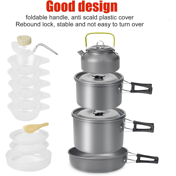 Набір посуду для кемпінгу, портативний, практичний, висока твердість, каструля із захистом від опіків, чайник для пікніків на свіжому повітрі