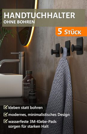 Рушникосушка без свердління - 5 шт. гачків для рушників для ванної кімнати, чорні клейкі гачки сучасні, стильні - гачки самоклеючі