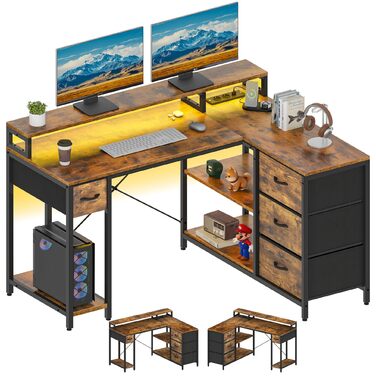 Подібний письмовий стіл із USB-портом для зарядки та розеткою, двосторонній кутовий стіл із 4 шухлядами та полицею, ігровий стіл із підставкою для монітора, 140x100 см, комп&39ютерний стіл для офісу, коричневий