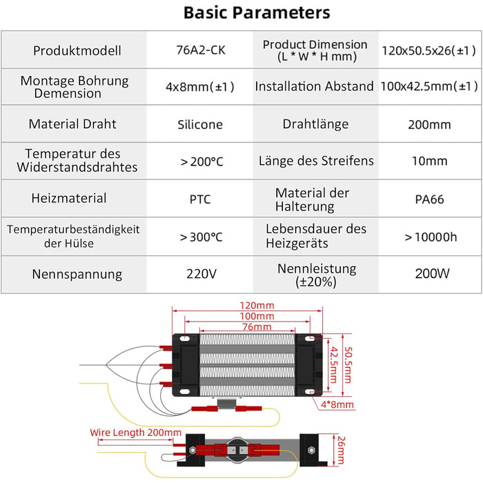 Нагрівач 200 Вт 220 В PTC ізольований керамічний повітряний нагрівач, PTCYIDU керамічний повітряний нагрівальний елемент постійної температури PTC електричний нагрівач керамічний нагрівач для зволожувачів повітря 76a2-220v-200w