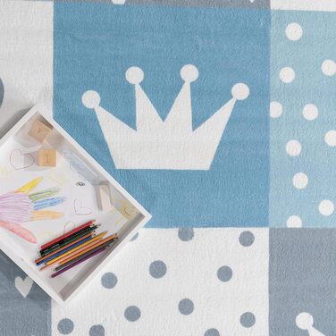 Дитяча кімната дитячий килим ігровий килим з коротким ворсом нековзний корона серця крапки сонце веселка літери, розмір 140x200 см