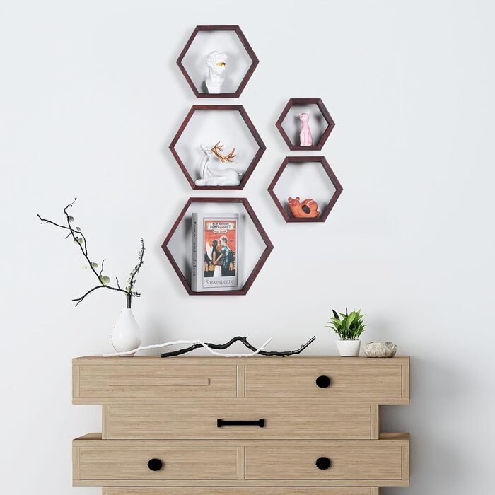 Шестигранні плаваючі полиці, настінні дерев&39яні стільникові настінні полиці для зберігання у фермерському стилі з 5 шт. , для ванної кімнати, кухні, спальні, вітальні, офісу, оздоблення з коряги (горіх) шестигранний волоський горіх