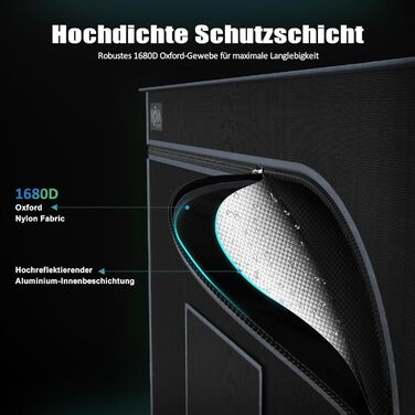 См, Гроубокс з міцним та водонепроникним зовнішнім шаром 1680D, високовідбиваюче алюмінієве внутрішнє покриття, Гроутент з великим оглядовим вікном та піддоном, A06 (Чорний) 60 см (Ш) x 60 см (Г) x 180 см (В), 60x60x180