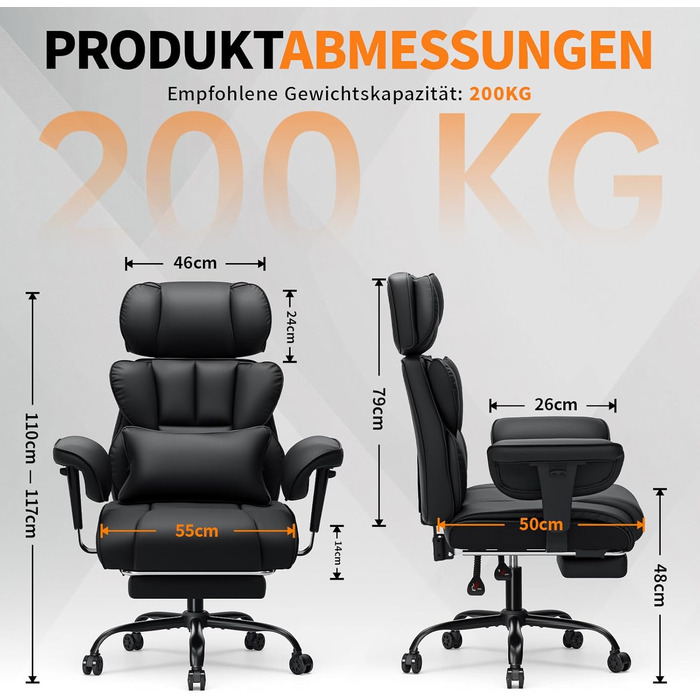 Ергономічне офісне крісло HOFFREE, до 200 кг, штучна шкіра, чорний