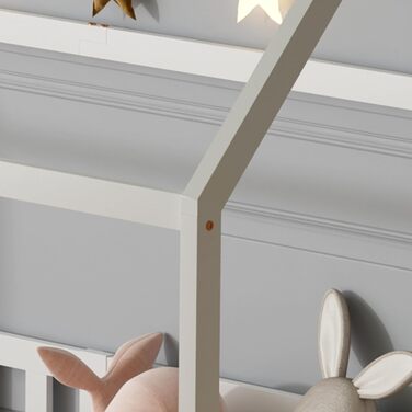 Дитяче ліжко ecomi 80x160 Ліжко на підлозі Дитяче ліжко-ліжко-будиночок із захистом від падіння та рейковою основою для дітей Дитячі ліжка для дівчаток та хлопчиків Масив сосни білого кольору 80x160 Білий